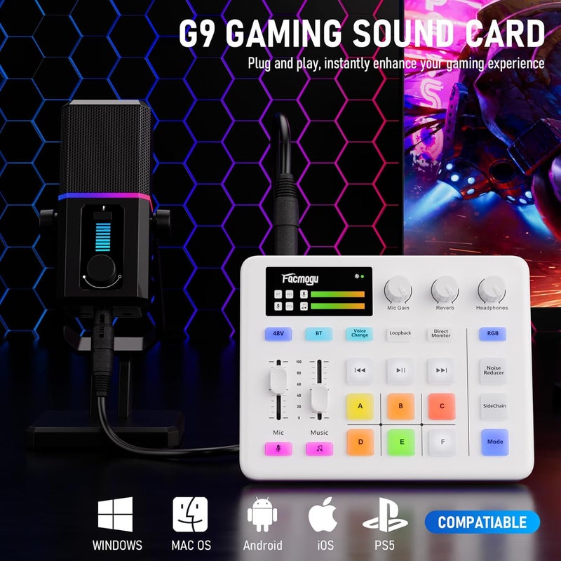 Facmogu خلاط صوت G9، خلاط RGB للبث المباشر مع واجهة ميكروفون XLR، مفتاح التحكم في الصوت، زر كتم الصوت، طاقة فانتوم 48 فولت، معدات بودكاست لوح الصوت للبث المباشر، تسجيل البودكاست - أبيض - Image 2
